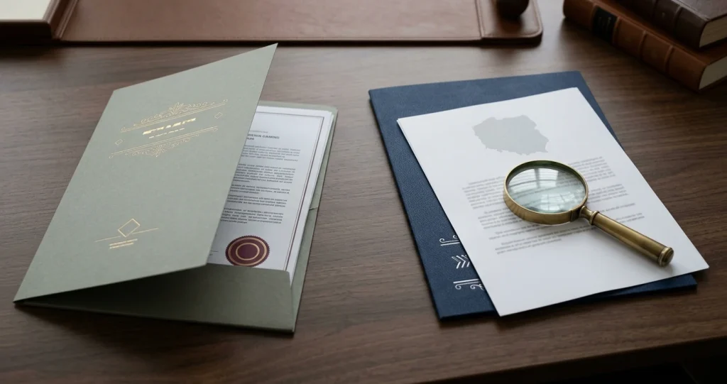 Dokumenty i symbole regulacyjne ilustrujące różnicę między licencją zagraniczną a polskim zezwoleniem